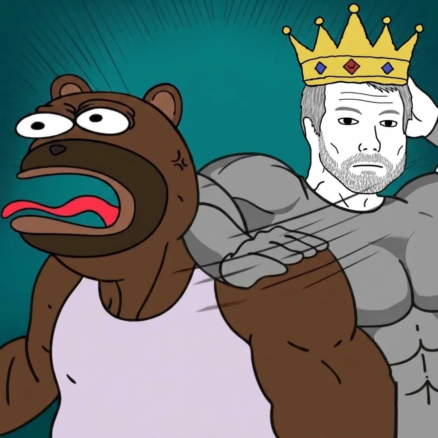 Buff Cope King shrugging off a panicking bear — $SAYLOR parody art
